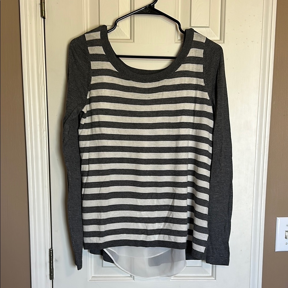 Express Charcoal and Ivory Striped Blouse with Sheer Detail